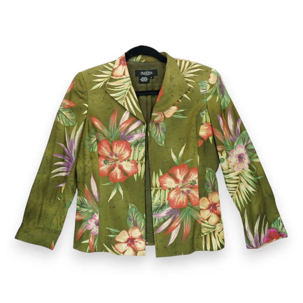Peck and Peck Collection Women's Silk Blend Green Floral Open Front Size 4